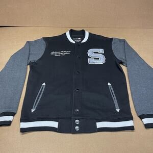 Southpole Jacket Mens XL Black Gray Varsity Letterman Snap Front Bomber S Patch